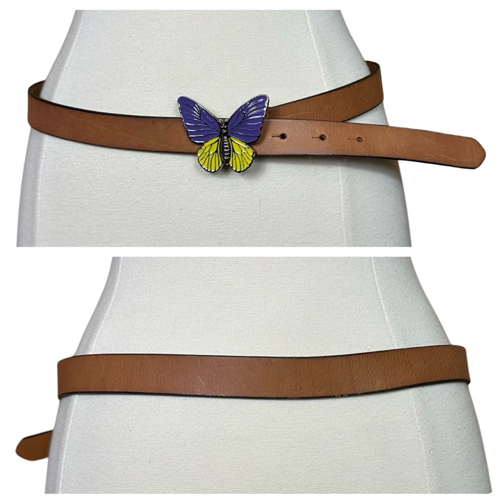 Enamel Butterfly Genuine Italian Leather Brown Purple Yellow Thin Belt Medium